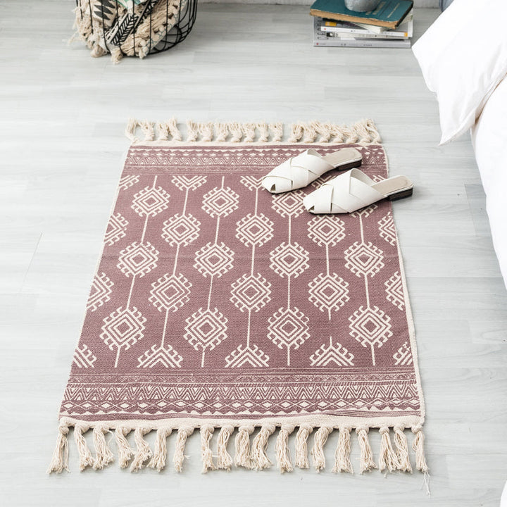 Lisslune | Ethnic geometric pattern rug Multi-color cotton blend area rug machine washable handwoven rug with fringes for room