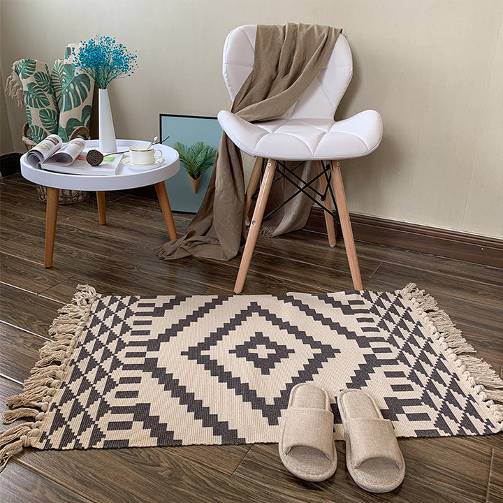 Lisslune | Casual Multicolored Western Rug Cotton Blend Geometric Light Rug Machine Washable Woven Rug with Fringes for Living Room