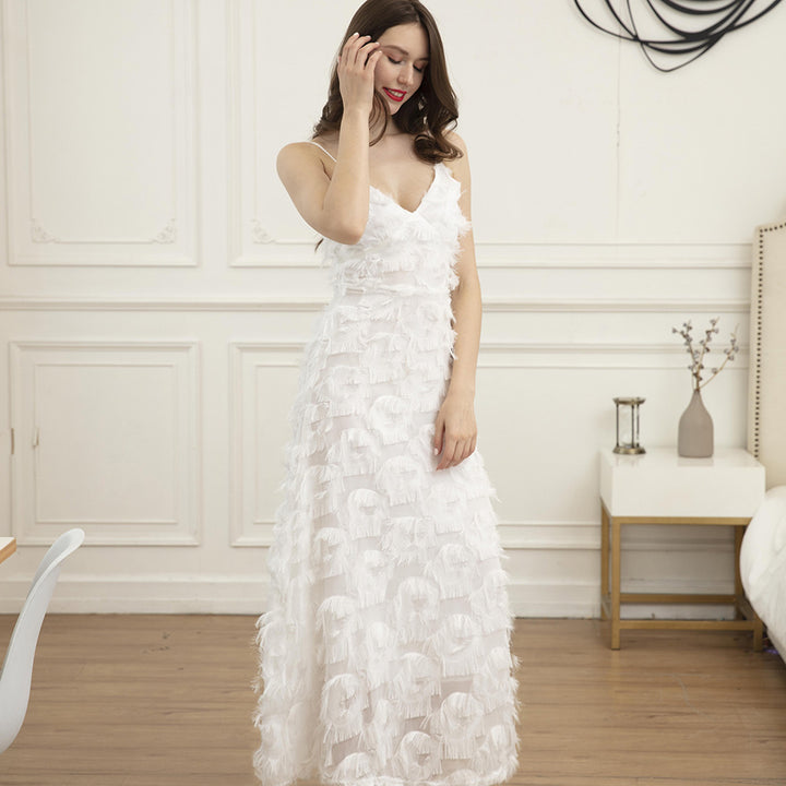 Ladies maxi dress with trendy fringes and seductive V-neck Lisslune