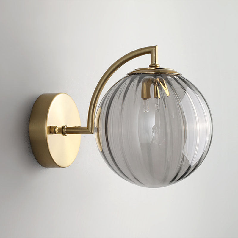 Lisslune | 1-Bulb Nightstand Wall Light Simple Gold Finish Wall Light with Ball Ribbed Glass Shade