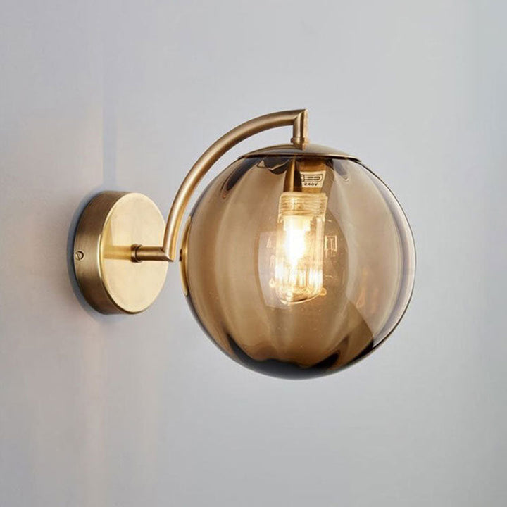 Lisslune | 1-Bulb Nightstand Wall Light Simple Gold Finish Wall Light with Ball Ribbed Glass Shade