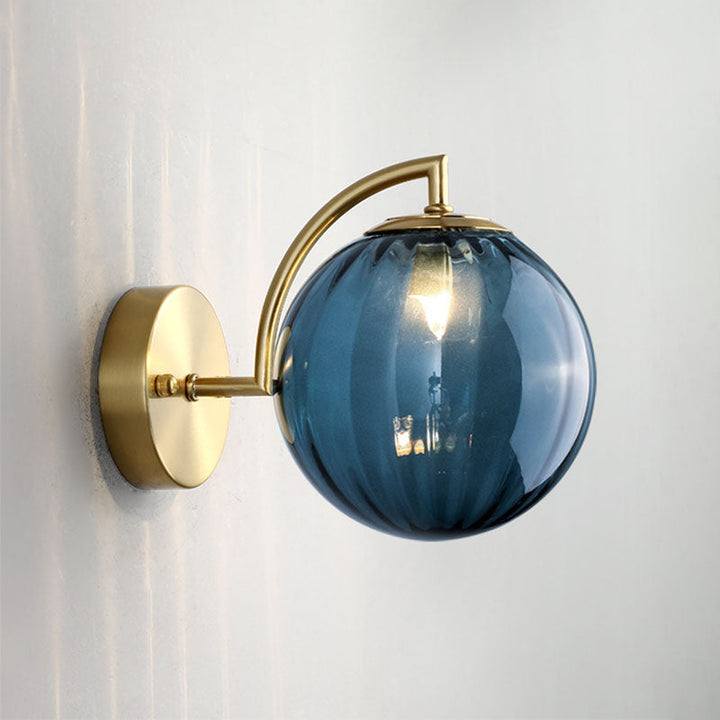 Lisslune | 1-Bulb Nightstand Wall Light Simple Gold Finish Wall Light with Ball Ribbed Glass Shade