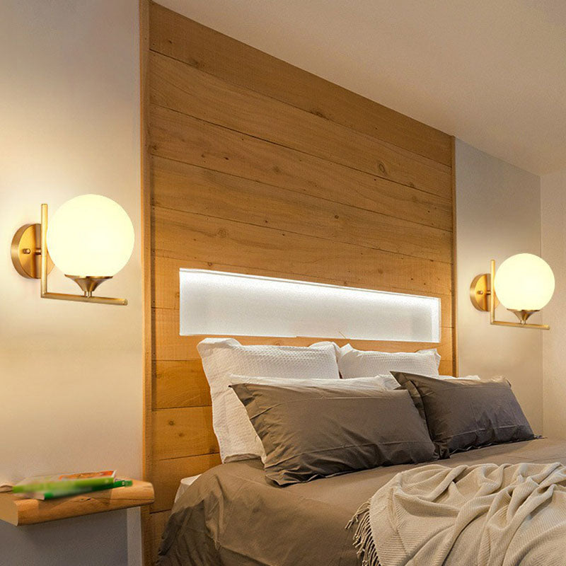 Lisslune | Sphere Nightstand Wall Light Milk Glass 1-Light Minimalist Wall Light with Right Angle Arms in Gold