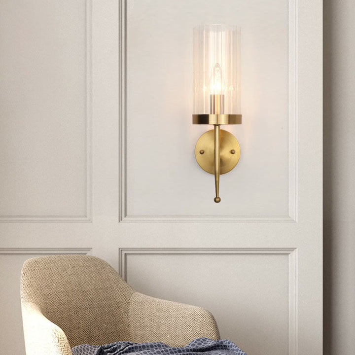 Lisslune | Fluted Glass Cylinder Wall Lamp Post-Modern 1 Head Gold Finish Wall Light for Living Room