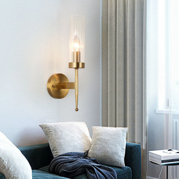 Lisslune | Fluted Glass Cylinder Wall Lamp Post-Modern 1 Head Gold Finish Wall Light for Living Room