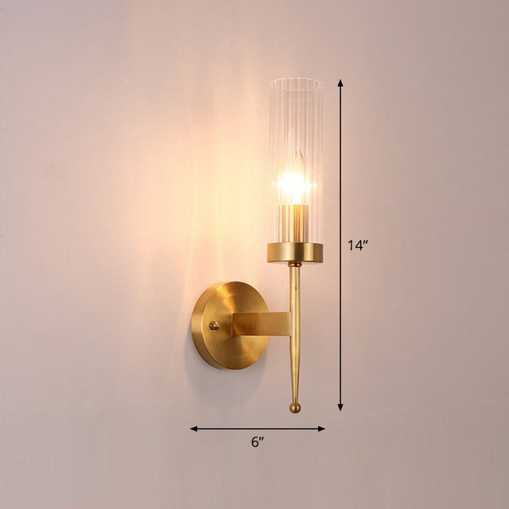 Lisslune | Fluted Glass Cylinder Wall Lamp Post-Modern 1 Head Gold Finish Wall Light for Living Room