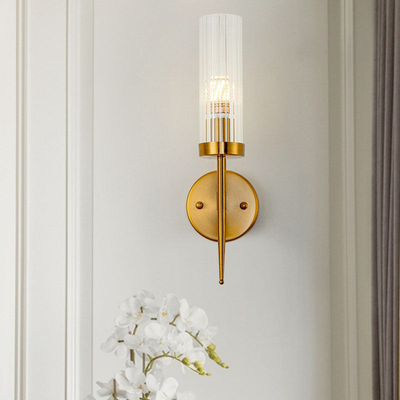 Lisslune | Cylindrical Stair Wall Lighting Ideas Clear Ribbed Glass Postmodern Wall Mount Light in Gold