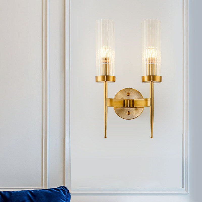 Lisslune | Cylindrical Stair Wall Lighting Ideas Clear Ribbed Glass Postmodern Wall Mount Light in Gold