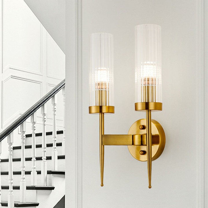 Lisslune | Cylindrical Stair Wall Lighting Ideas Clear Ribbed Glass Postmodern Wall Mount Light in Gold