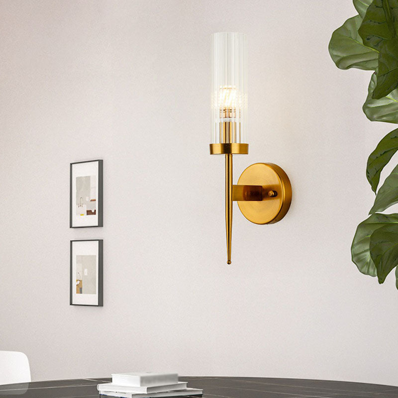 Lisslune | Cylindrical Stair Wall Lighting Ideas Clear Ribbed Glass Postmodern Wall Mount Light in Gold