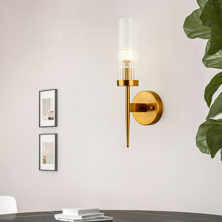 Lisslune | Cylindrical Stair Wall Lighting Ideas Clear Ribbed Glass Postmodern Wall Mount Light in Gold