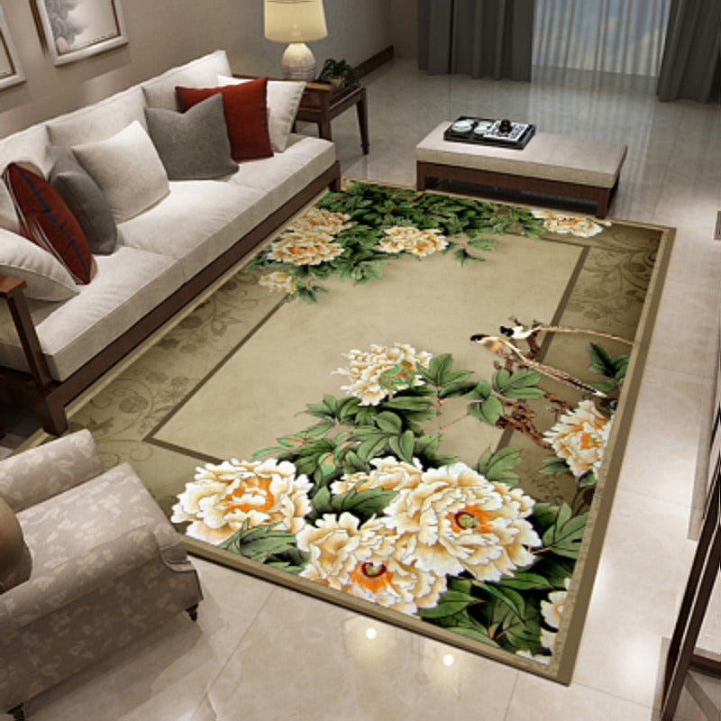 Lisslune | Multicolored living room rug Chinoiserie flower rug polypropylene machine washable stain resistant non-slip back rug