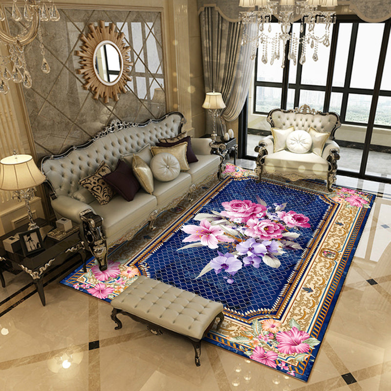 Lisslune | Multicolored living room rug Chinoiserie flower rug polypropylene machine washable stain resistant non-slip back rug