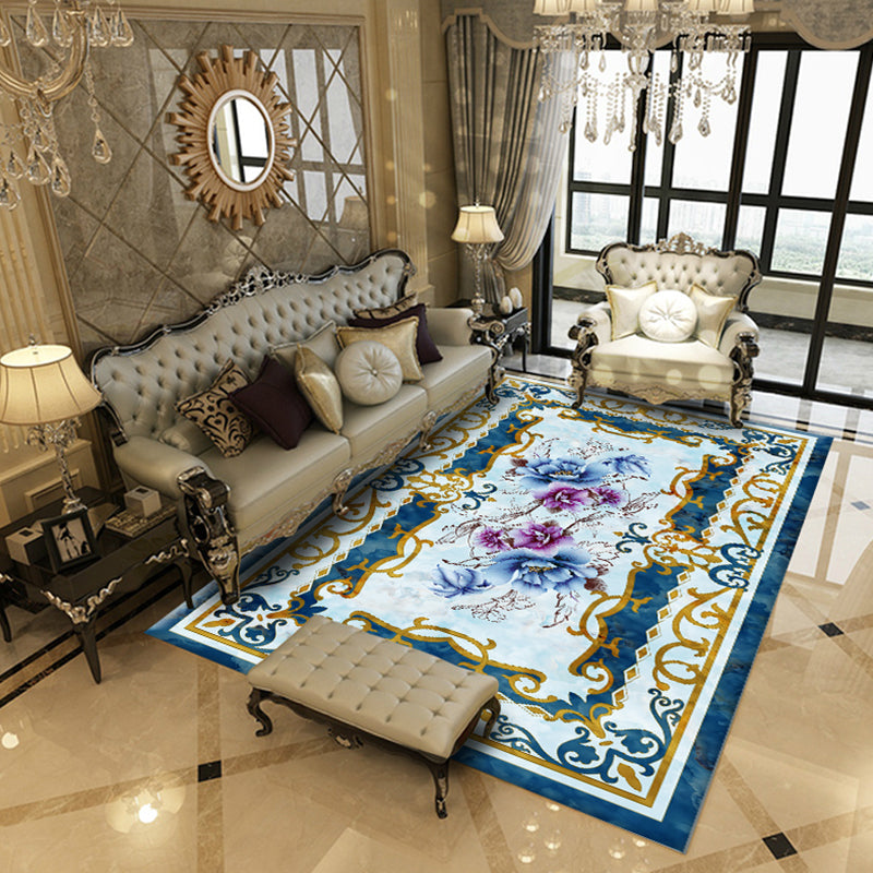Lisslune | Multicolored living room rug Chinoiserie flower rug polypropylene machine washable stain resistant non-slip back rug