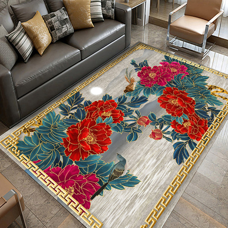 Lisslune | Multicolored living room rug Chinoiserie flower rug polypropylene machine washable stain resistant non-slip back rug