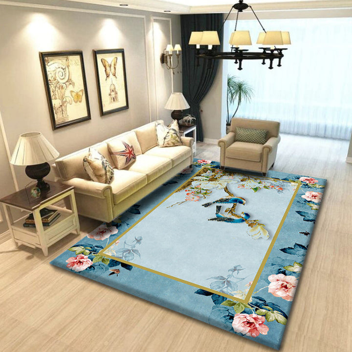Lisslune | Multicolored living room rug Chinoiserie flower rug polypropylene machine washable stain resistant non-slip back rug