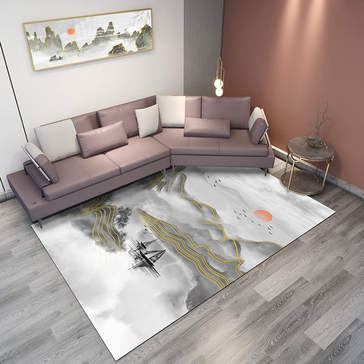 Lisslune | Classic Mountain Landscape Rug Multicolored Chinese Rug Synthetic Stain Resistant Washable Non-Slip Rug for Deco