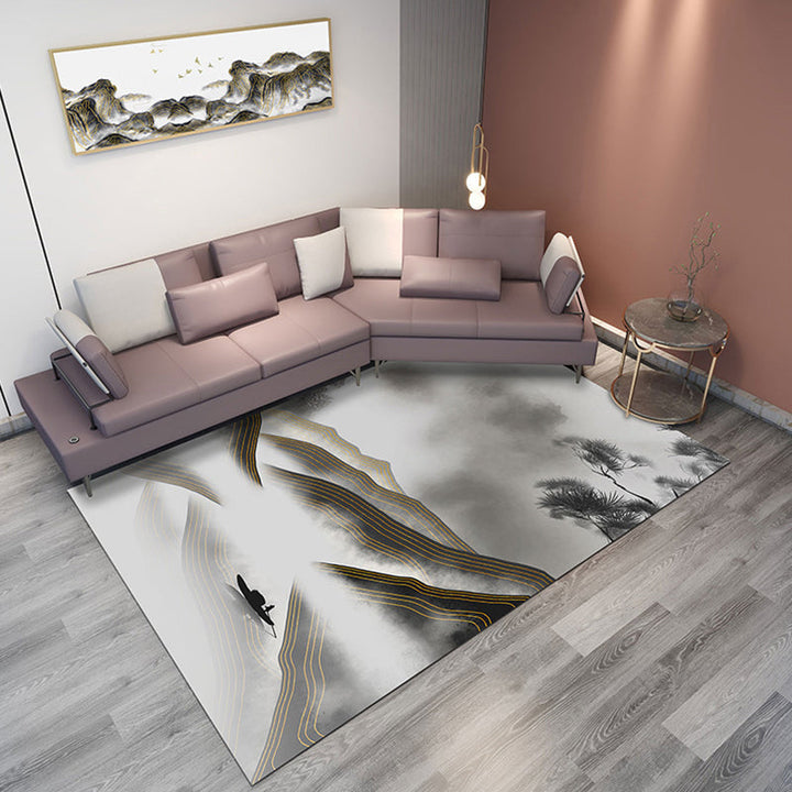 Lisslune | Classic Mountain Landscape Rug Multicolored Chinese Rug Synthetic Stain Resistant Washable Non-Slip Rug for Deco