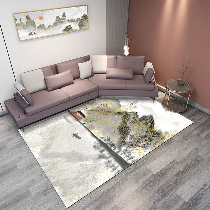 Lisslune | Classic Mountain Landscape Rug Multicolored Chinese Rug Synthetic Stain Resistant Washable Non-Slip Rug for Deco