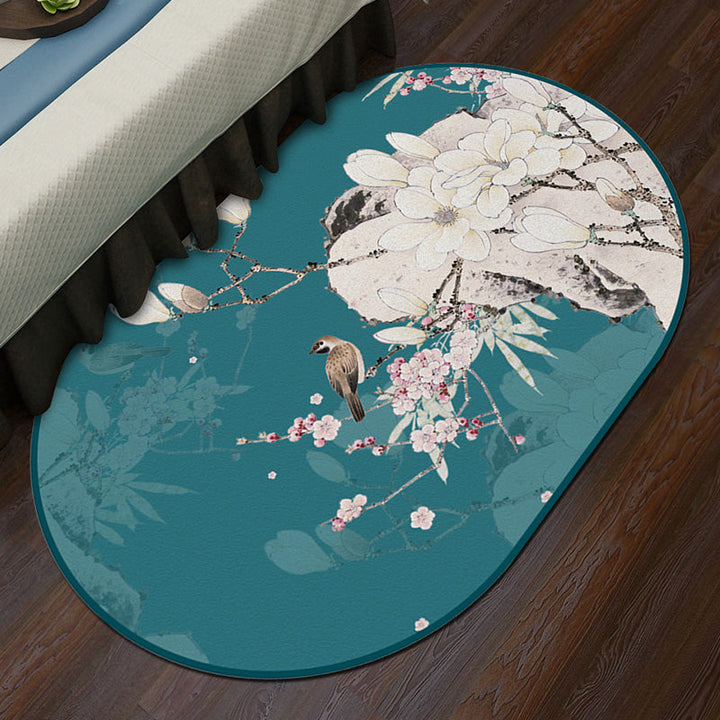 Lisslune | Multi-Color Chinoiserie Area Rug Synthetic Flower and Bird Print Rug Non-Slip Back Pet-Friendly Rug for Bedroom