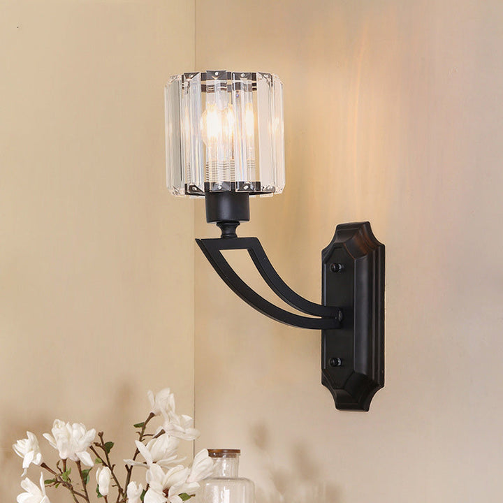 Lisslune | Cylindrical Clear Crystal Wall Lamp Modernist Style 1 Light Black/Gold Finish Wall Lighting Fixture with Curved Arm