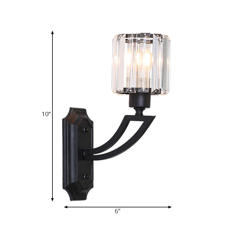 Lisslune | Cylindrical Clear Crystal Wall Lamp Modernist Style 1 Light Black/Gold Finish Wall Lighting Fixture with Curved Arm