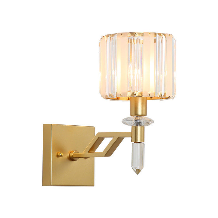 Lisslune | Cylindrical Clear Crystal Wall Lamp Modernist Style 1 Light Black/Gold Finish Wall Lighting Fixture with Curved Arm