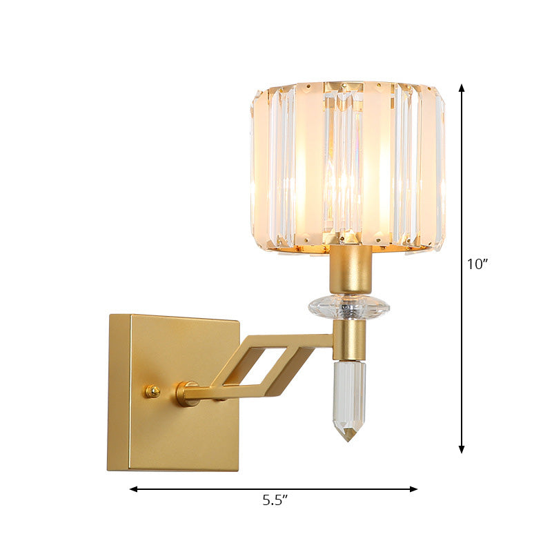 Lisslune | Cylindrical Clear Crystal Wall Lamp Modernist Style 1 Light Black/Gold Finish Wall Lighting Fixture with Curved Arm