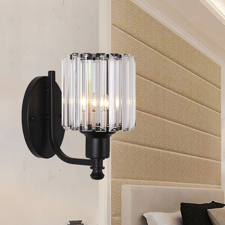 Lisslune | Modernist Cylinder Wall Light Clear Crystal 1 Head Bedroom Wall Mounted Light with Curved Arm in Black/Gold