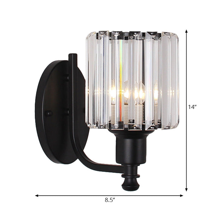 Lisslune | Modernist Cylinder Wall Light Clear Crystal 1 Head Bedroom Wall Mounted Light with Curved Arm in Black/Gold