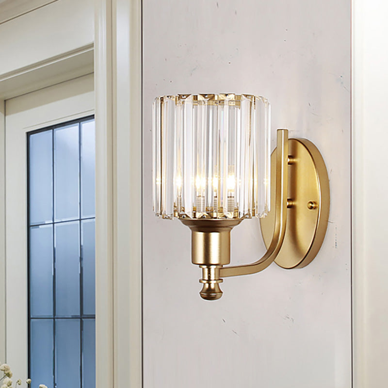 Lisslune | Modernist Cylinder Wall Light Clear Crystal 1 Head Bedroom Wall Mounted Light with Curved Arm in Black/Gold