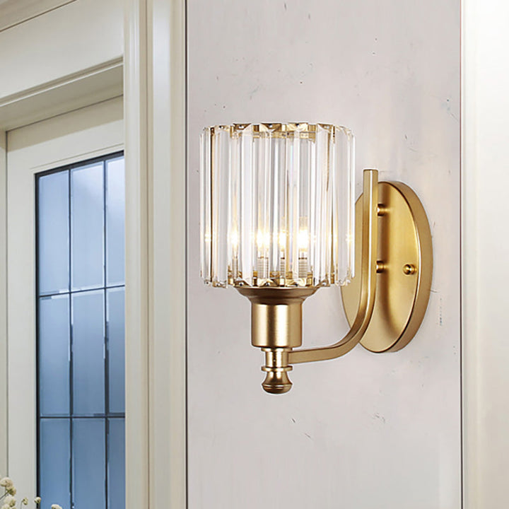 Lisslune | Modernist Cylinder Wall Light Clear Crystal 1 Head Bedroom Wall Mounted Light with Curved Arm in Black/Gold
