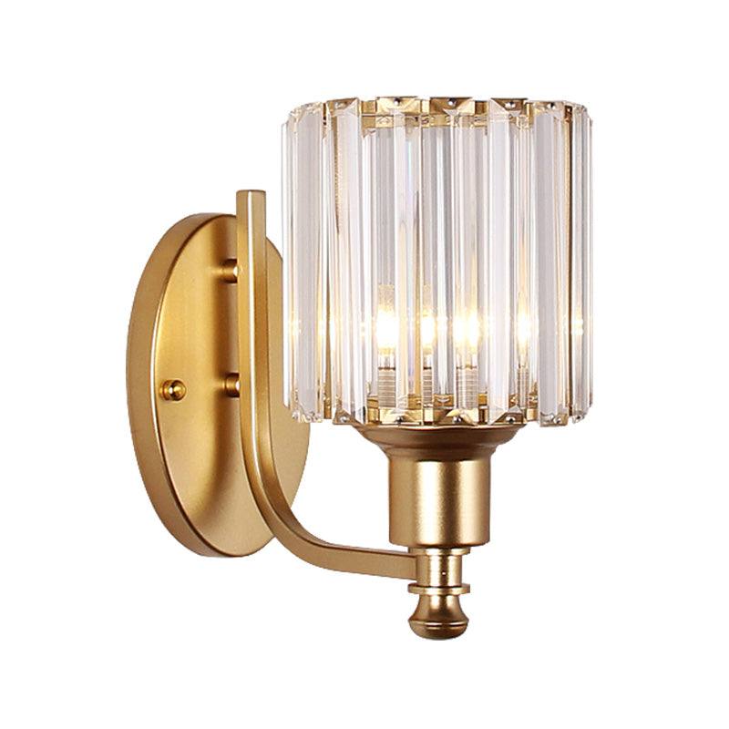 Lisslune | Modernist Cylinder Wall Light Clear Crystal 1 Head Bedroom Wall Mounted Light with Curved Arm in Black/Gold