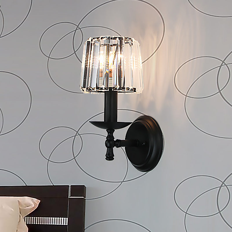 Lisslune | Contemporary Cone Wall Lamp Clear Crystal 1 Head Nightstand Wall Sconces Light with Curved/Beam Arm in Black