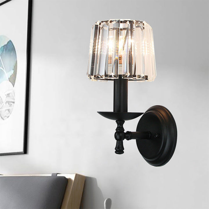 Lisslune | Contemporary Cone Wall Lamp Clear Crystal 1 Head Nightstand Wall Sconces Light with Curved/Beam Arm in Black