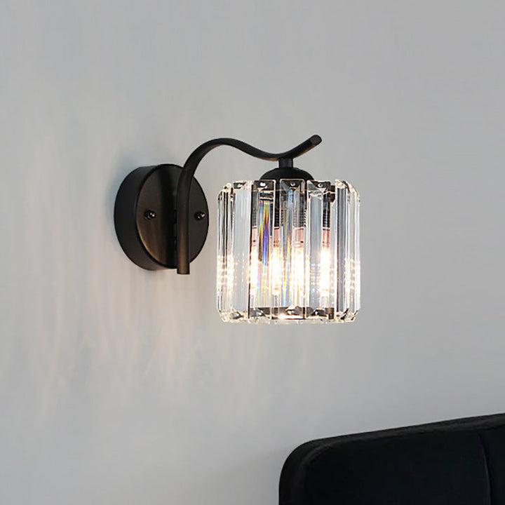 Lisslune | Contemporary Cone Wall Lamp Clear Crystal 1 Head Nightstand Wall Sconces Light with Curved/Beam Arm in Black