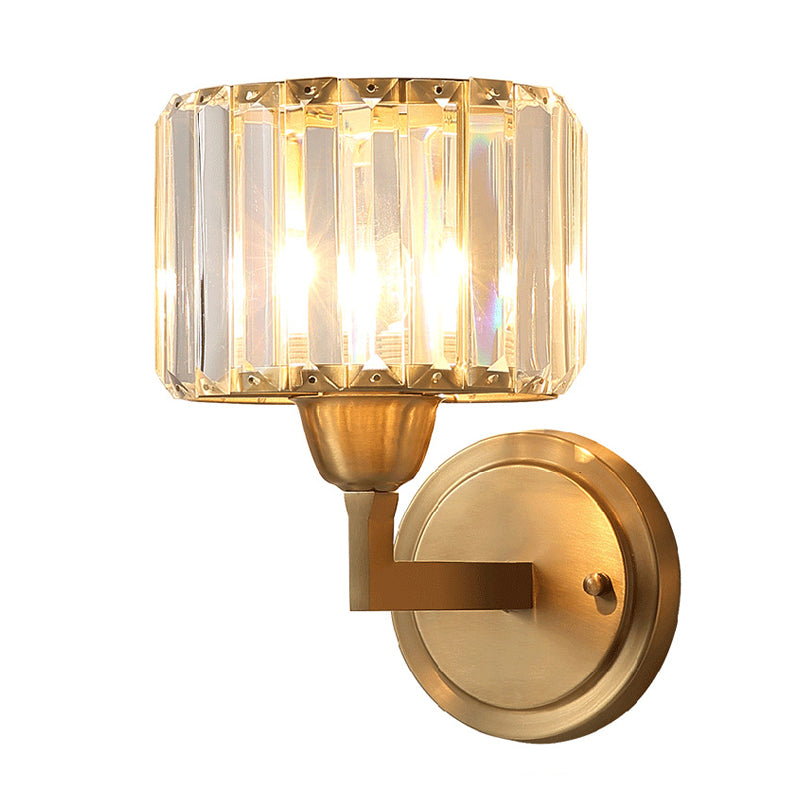 Lisslune | Simple 1 Light Wall Mounted Lighting Brass Drum Wall Lamp with Crystal Shade