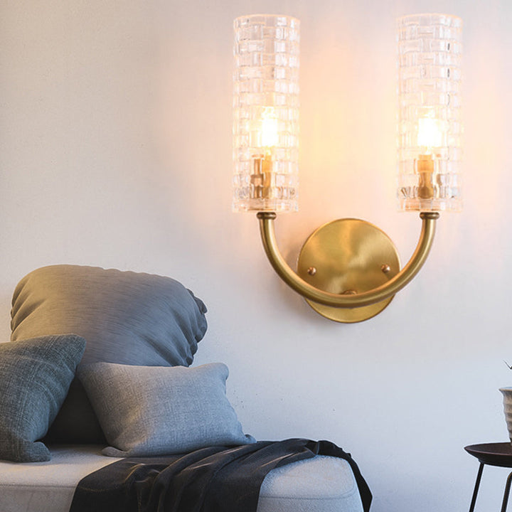 Skørter | Brass Tubular Flush Mount Wall Light Contemporary 2 Lights Crystal Wall Lighting with Curved Arm