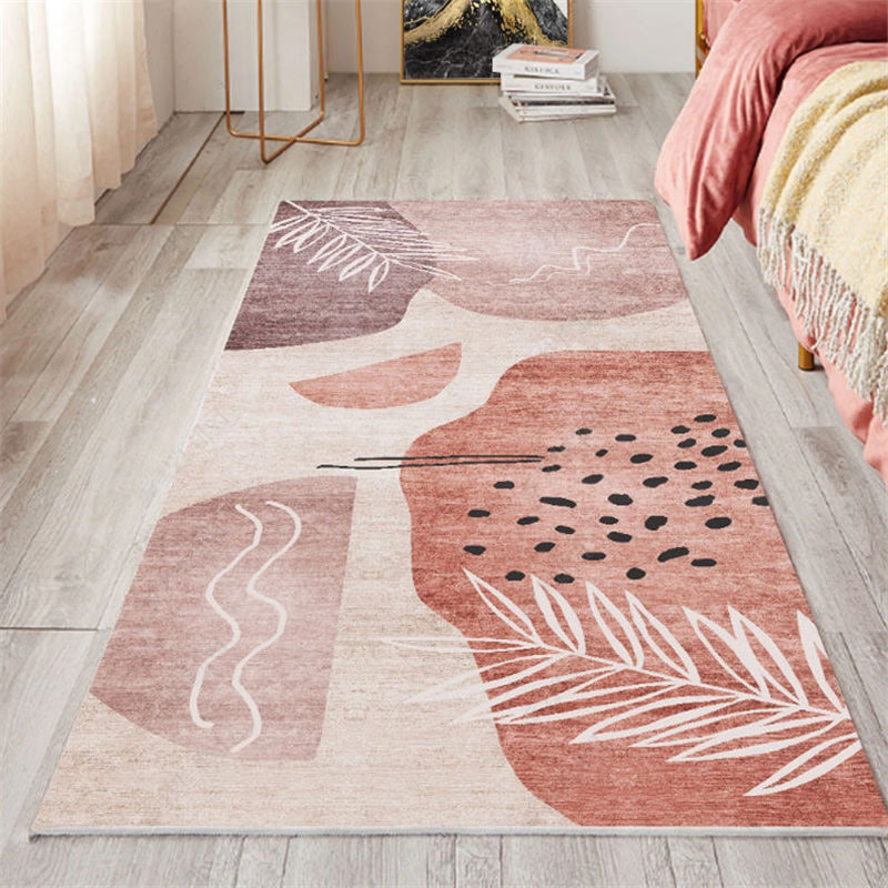 Lisslune | Nordic Bedroom Carpet Multicolored Botanical Color Block Print Carpet Polyester Washable Non-slip Pet-friendly Carpet