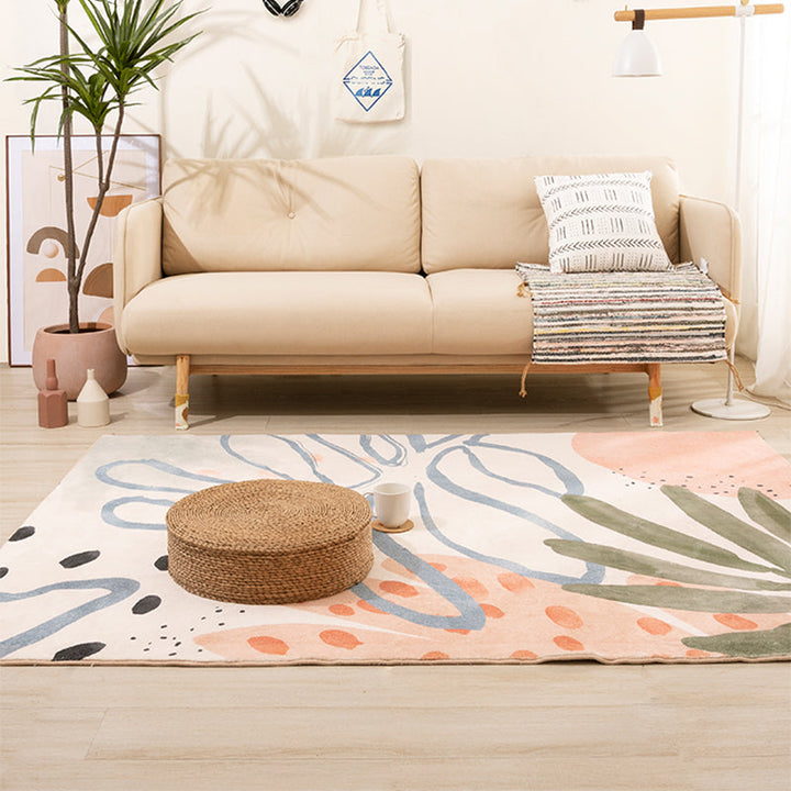 Lisslune | Nordic Palm Leaf Drawing Rug White Polypropylene Rug Pet Friendly Stain Resistant Non-Slip Back Rug for Girls Room