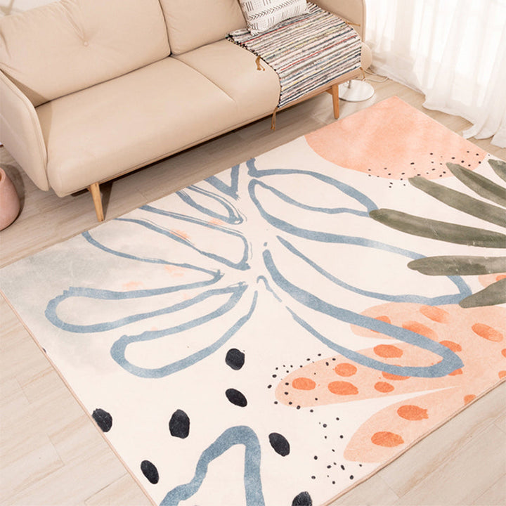 Lisslune | Nordic Palm Leaf Drawing Rug White Polypropylene Rug Pet Friendly Stain Resistant Non-Slip Back Rug for Girls Room