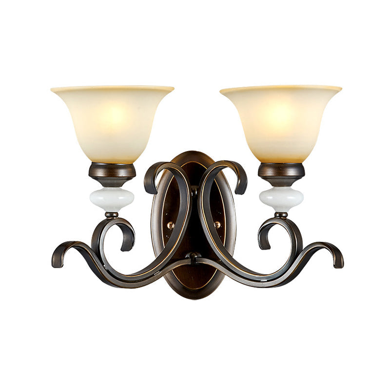 Skørter | 1/2-Light Bell Wall Lamp Antique Style Black Frosted Glass Wall Light with Curved Arm for Bedroom