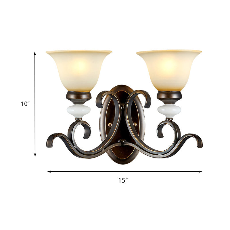 Skørter | 1/2-Light Bell Wall Lamp Antique Style Black Frosted Glass Wall Light with Curved Arm for Bedroom