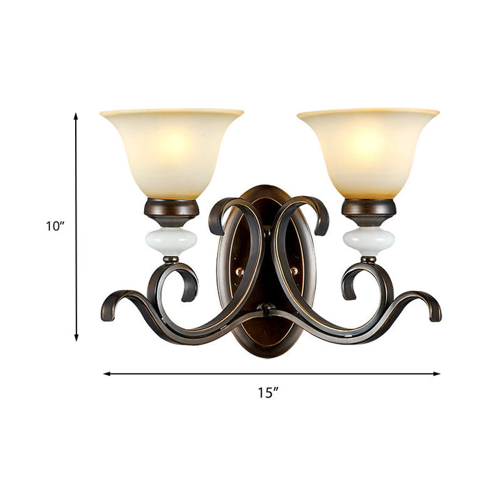 Skørter | 1/2-Light Bell Wall Lamp Antique Style Black Frosted Glass Wall Light with Curved Arm for Bedroom