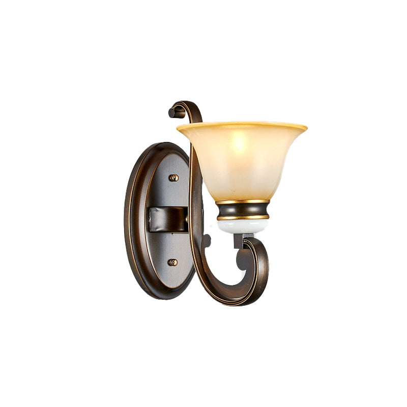 Skørter | 1/2-Light Bell Wall Lamp Antique Style Black Frosted Glass Wall Light with Curved Arm for Bedroom
