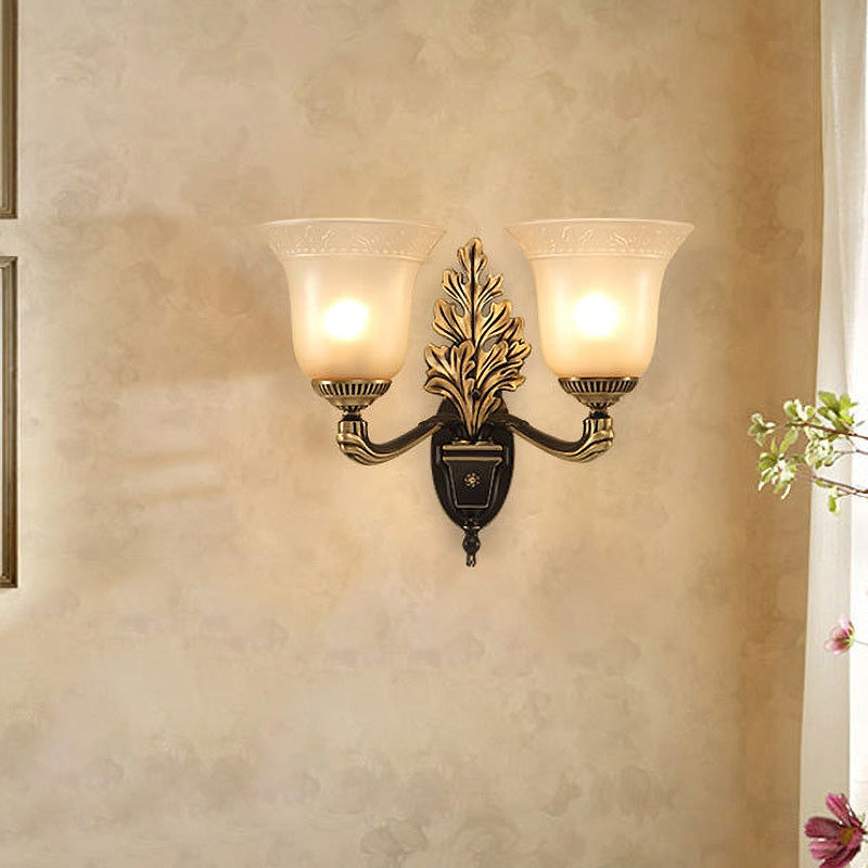 Skørter | Bell Bedroom Wall Light Rustic Frosted Glass 1/2-Light Black-Gold Wall Lamp with Carved Arm