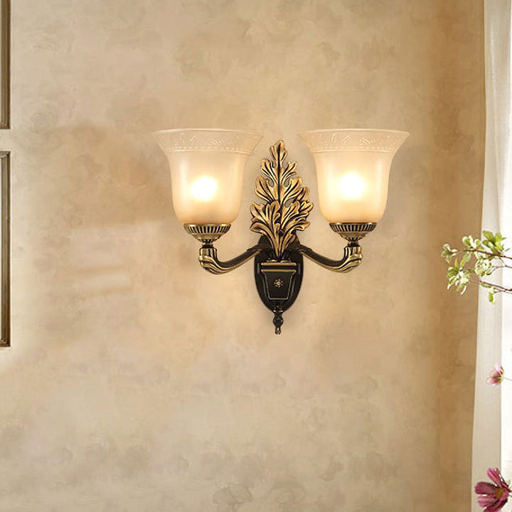 Skørter | Bell Bedroom Wall Light Rustic Frosted Glass 1/2-Light Black-Gold Wall Lamp with Carved Arm