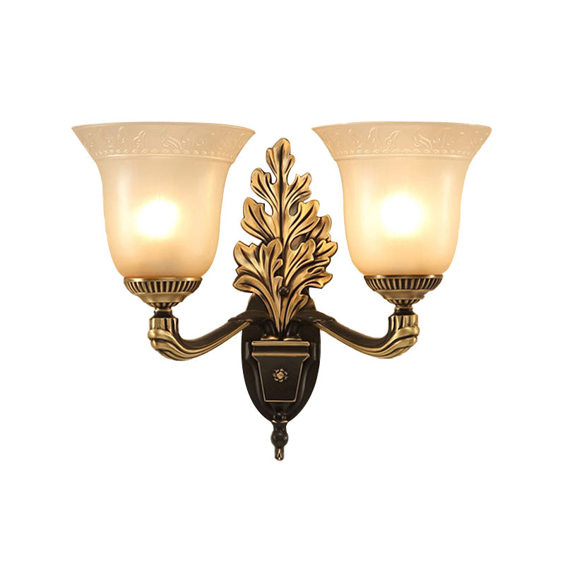 Skørter | Bell Bedroom Wall Light Rustic Frosted Glass 1/2-Light Black-Gold Wall Lamp with Carved Arm