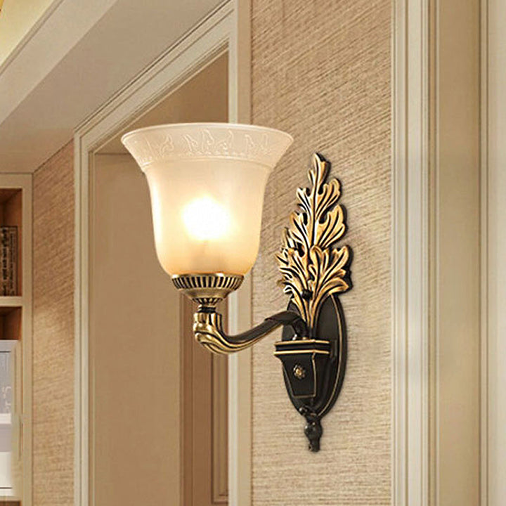 Skørter | Bell Bedroom Wall Light Rustic Frosted Glass 1/2-Light Black-Gold Wall Lamp with Carved Arm