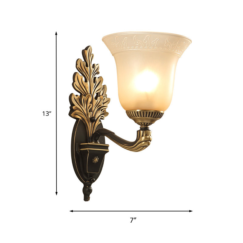 Skørter | Bell Bedroom Wall Light Rustic Frosted Glass 1/2-Light Black-Gold Wall Lamp with Carved Arm